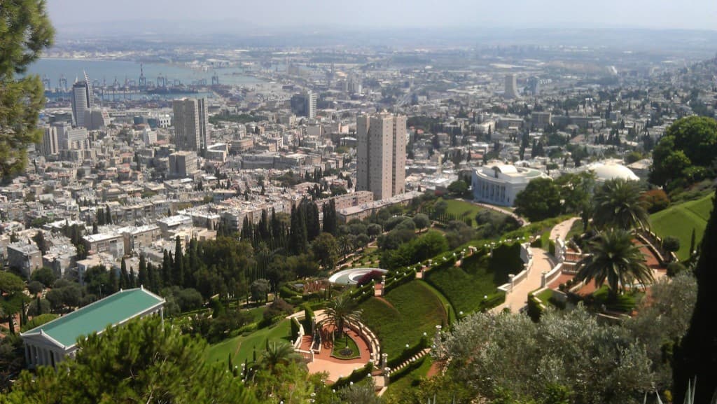 Panoramic view of terraced gardens and Haifa on the Mediterranean coast